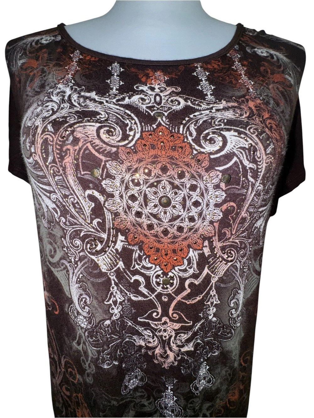 New Directions Brown Graphic Embellished Open Back Top Small Grunge Y2K - Picture 5 of 12